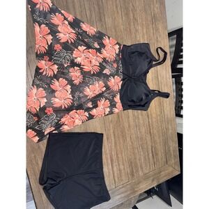 DACI 18W Floral Print Tankini Swimsuit With Black Boy Shorts Modest Swimwear